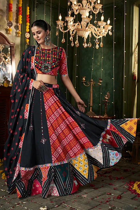 Shubhkala Black Printed with Mirror Work Chaniya Choli for Navratri