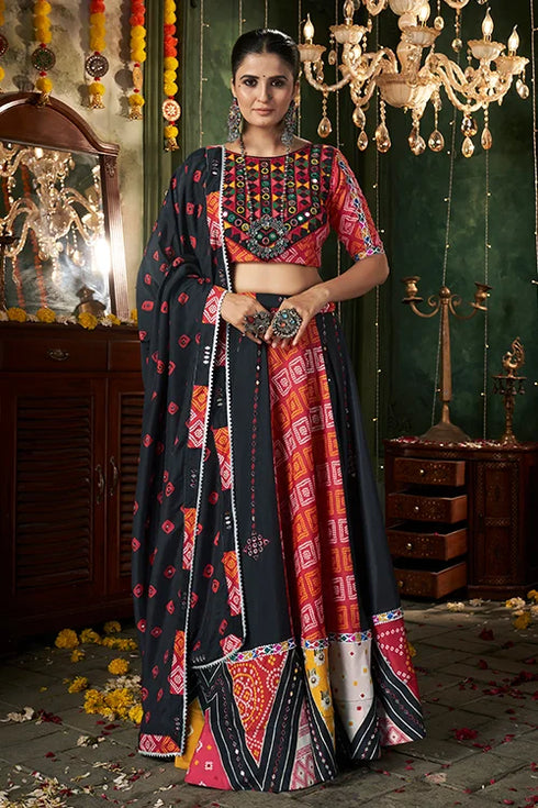 Shubhkala Black Printed with Mirror Work Chaniya Choli for Navratri