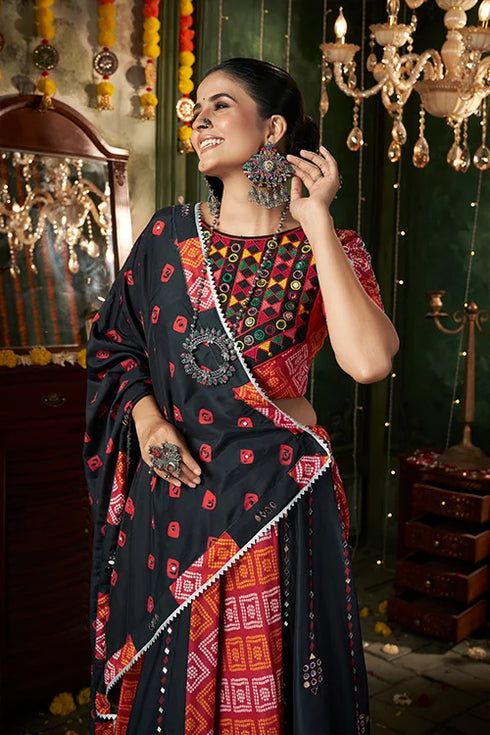 Shubhkala Black Printed with Mirror Work Chaniya Choli for Navratri