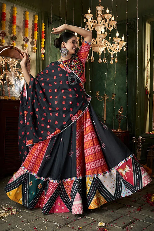Shubhkala Black Printed with Mirror Work Chaniya Choli for Navratri