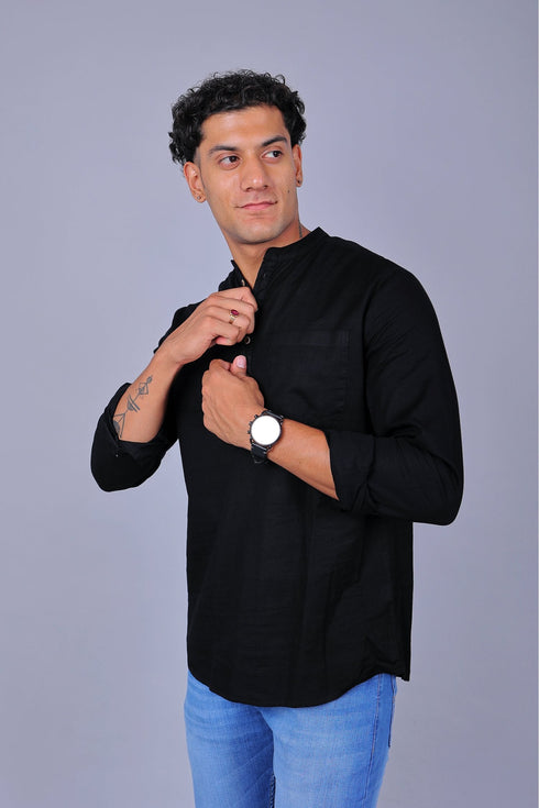 Veshbhoshaa Bluebird Men'S Short Kurta In Black - 100% Pure Cotton