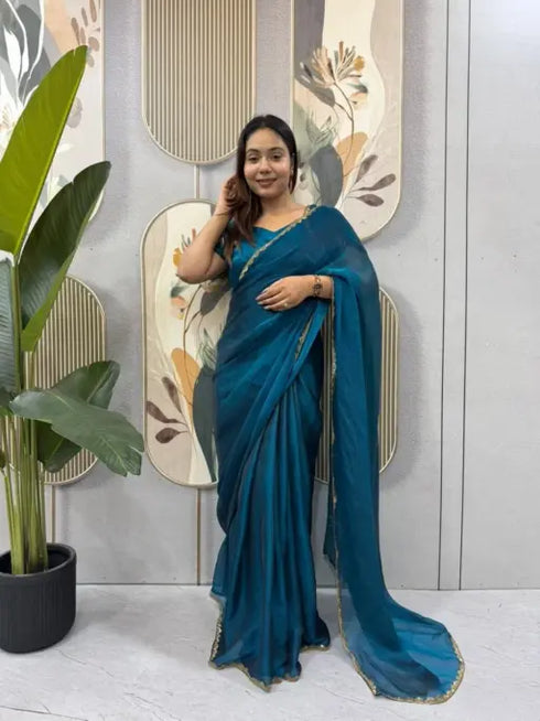 Ethnic Suits Blue Color wedding Zip and go Saree with Beads