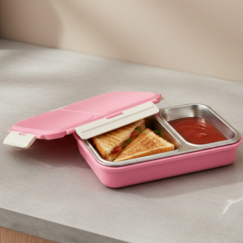 Vinod Stainless Steel Tiffin 2 Compartment Pink Airtight Silicone Sealed Lid Insulated Leak Proof Easy to Clean and Rust Free