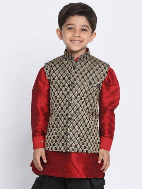 Boys' Black Cotton Silk Blend Nehru Jacket