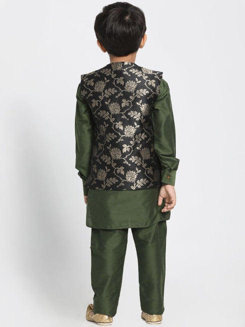 JBN CREATION Boys' Dark Green Cotton Silk Blend Kurta, Nehru Jacket and Pyjama Set