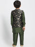 JBN CREATION Boys' Dark Green Cotton Silk Blend Kurta, Nehru Jacket and Pyjama Set
