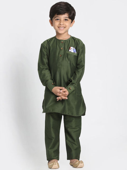 JBN CREATION Boys' Dark Green Cotton Silk Blend Kurta, Nehru Jacket and Pyjama Set