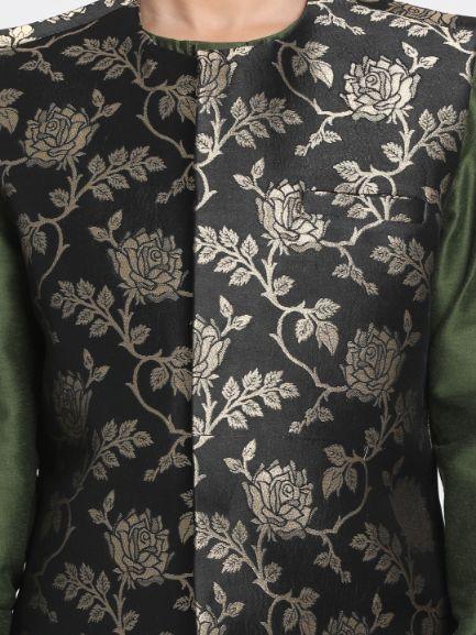 JBN CREATION Boys' Dark Green Cotton Silk Blend Kurta, Nehru Jacket and Pyjama Set