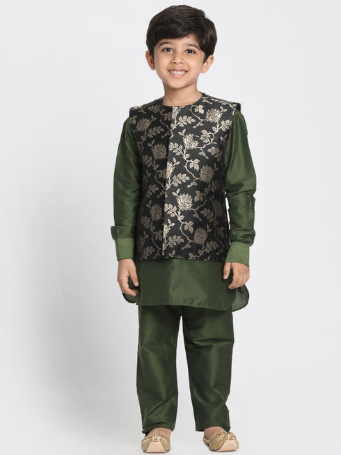 JBN CREATION Boys' Dark Green Cotton Silk Blend Kurta, Nehru Jacket and Pyjama Set