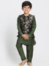 JBN CREATION Boys' Dark Green Cotton Silk Blend Kurta, Nehru Jacket and Pyjama Set