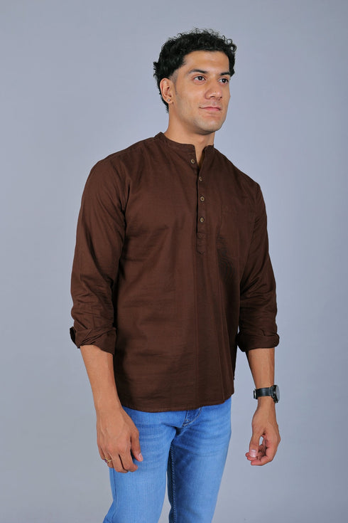 Veshbhoshaa Bluebird Men'S Short Kurta In Brown - 100% Pure Cotton