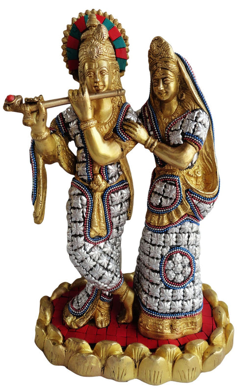 Brass Radha Krishna Same Base Stone God 3.77Kg