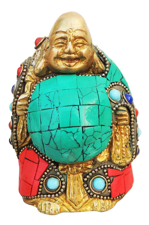 Brass Laughing Buddha Statue With Turquoise Coral 0.485Kg