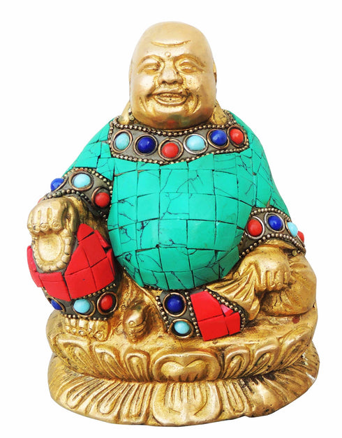 Brass Laughing Buddha Statue With Turquoise Coral 1.205Kg