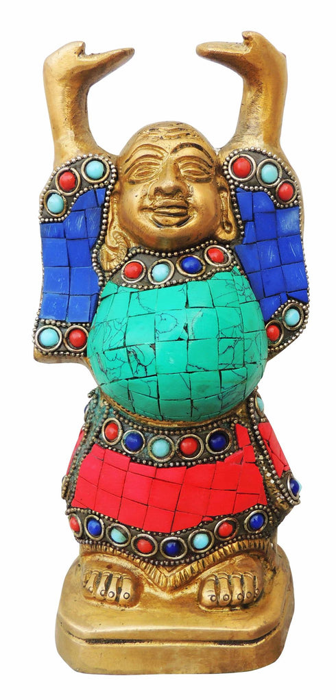 Brass Laughing Buddha Statue With Turquoise Coral 1.77Kg