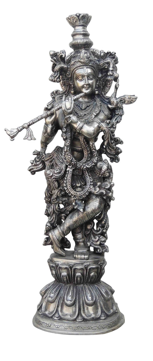 Brass Krishna Statue With Silver Antique Finish 11.335Kg