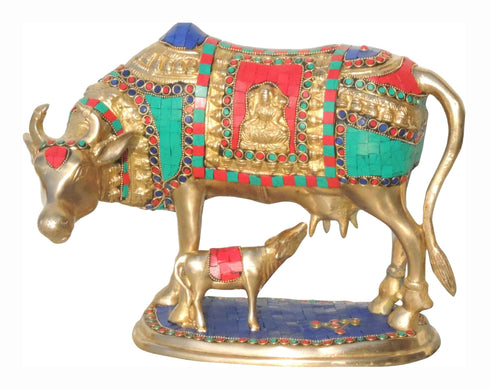 Brass Cow With Calf Stone Statue 8.44Kg