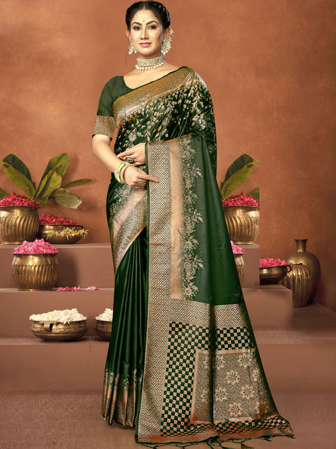 Deeva Sarees Dark Green Satin Silk Saree