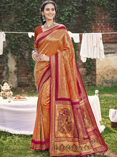 Deeva Sarees Orange Banarasi Silk Saree