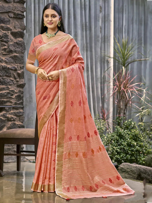 Deeva Sarees Peach Linen Saree
