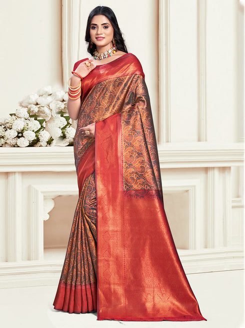 Deeva Sarees Brown Silk Saree With Red Border