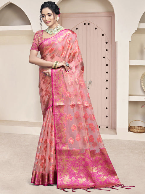 Deeva Sarees Pink Organza Saree