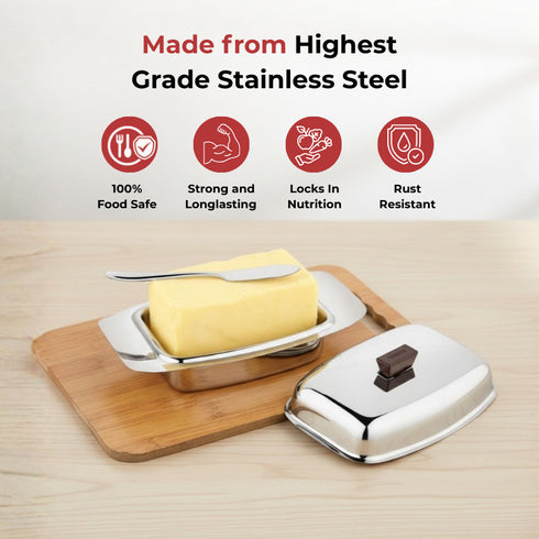 Vinod Stainless Steel Butter Dish With Butter Knife and Lid Highest Grade Steel Build Rust Free Finish And Dishwasher Safe Design