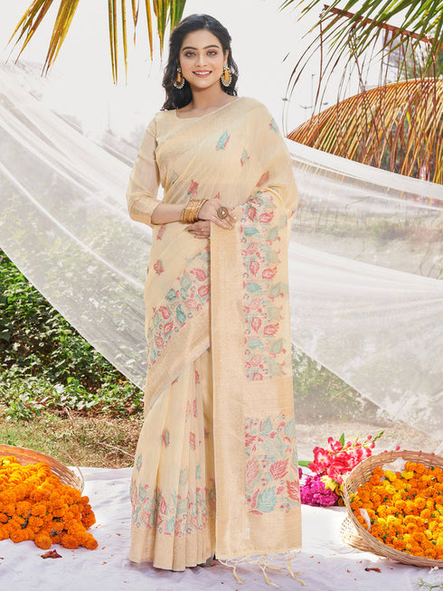 Deeva Sarees Cream Cotton Saree