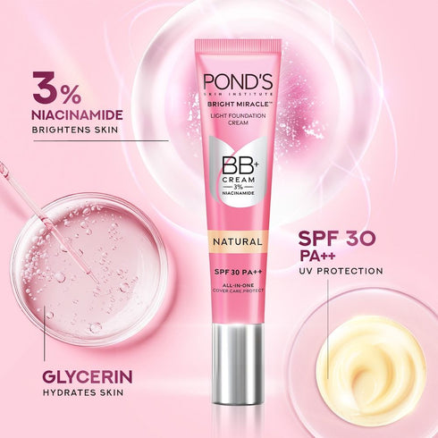 Ponds Bb+ Cream Instant Spot Coverage + Light Make-up Glow SPF 30 PA++ Natural