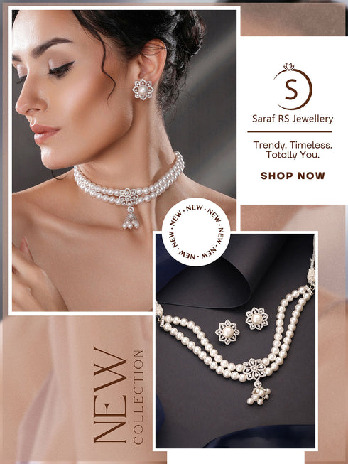 White Rhodium Cubic Zirconia 2 Layered Pearl Beaded Statement Necklace Jewellery Set