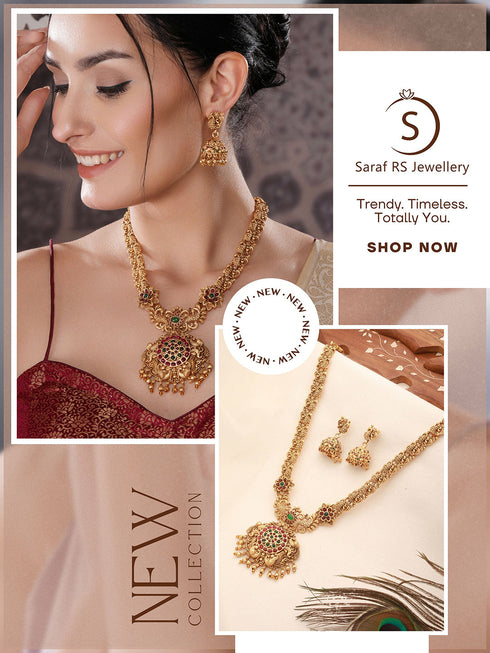 Antique Gold Plated Red & Green Kempo Temple Floral Peacock Long Haram Jhumka Jewellery Set