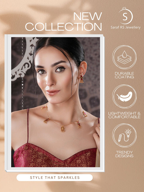 Gold Plated Enamelled Invisible Chain Delicate Temple Goddess Lakshmi Pendant Minimal Jewellery Set