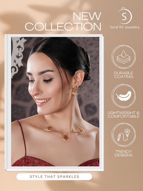 Gold Plated Pearl Beaded Invisible Chain Temple Goddess Lakshmi Motif Pendant Jewellery Set