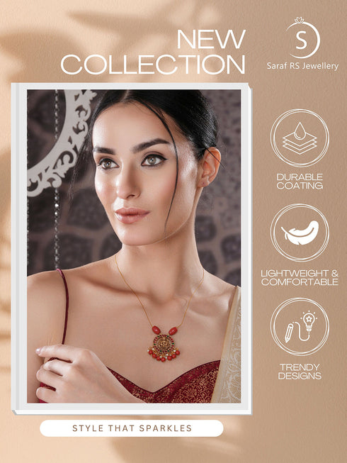 Gold Plated Coral Beaded Temple Lakshmiji Minimal Invisible Necklace & Chain