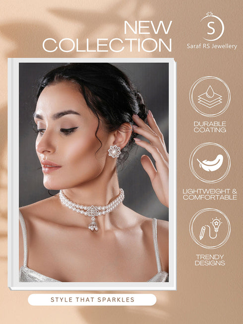 White Rhodium Cubic Zirconia 2 Layered Pearl Beaded Statement Necklace Jewellery Set