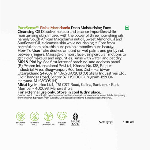 PureSense Relaxing Macadamia Deep Nourishing Face Cleansing Oil | From the makers of Parachute Advansed