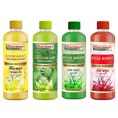 Sharmayu Ayurveda Summer Special Sharbat Combo 4 Pack Rose Lemon Khus Kachcha Aam