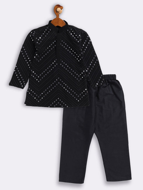 Vastramay SISHU Boy's Black Mirror Work Kurta Pyjama Set