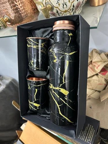 Coppjal Printed Copper Water Bottle With 2 Glass Set Design 4