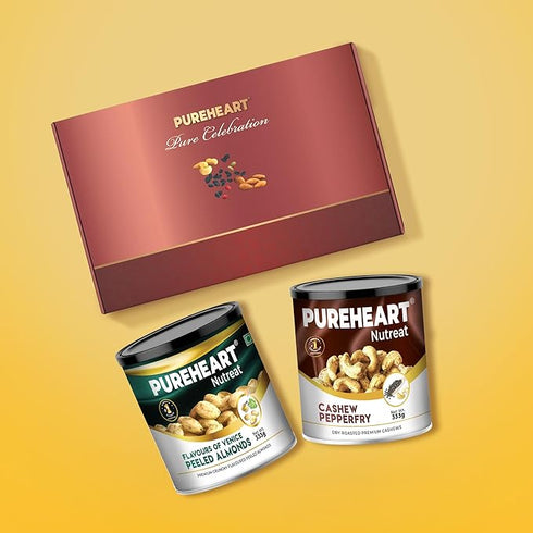 PUREHEART Premium Diwali Gift Hamper | Corporate Dry Fruits Gift Box with Pepper Cashews and Peeled Almonds Italiano (333g each)| Bournville Chocolate| Diwali Greeting Card