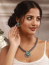 Silver Oxidised Mint Stone Studded Floral Designer Long Haram Necklace Jewellery Set