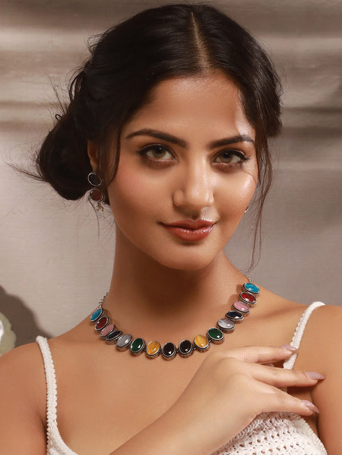 Silver Oxidised Nav Ratan Multicolored Minimal Tribal Necklace Jewellery Set