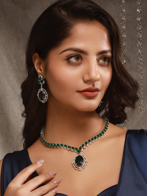 Silver Rhodium Plated Emerald Green Cubic Zirconia Designer Bridal Pendant Jewellery Set
