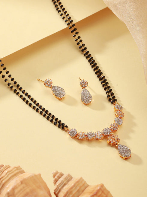 Gold Toned AD Studded Black Beads Studded Designer Solitaire Type Mangalsutra Jewellery Set