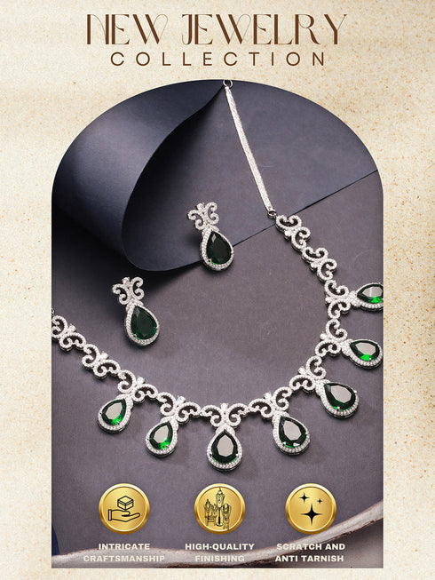 Silver Plated Emerald Green AD Studded Floral Statement Necklace Jewellery Set