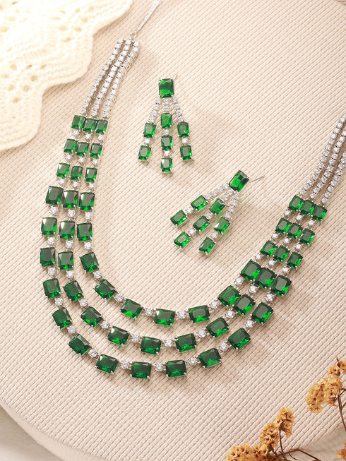 Silver Plated Emerald Green AD Studded Layered Statement Necklace Jewellery Set