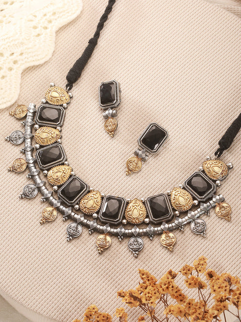 Oxidised Dual Toned Black Stone Studded Contemporary Tribal Lakshmiji Motif Choker Jewellery Set