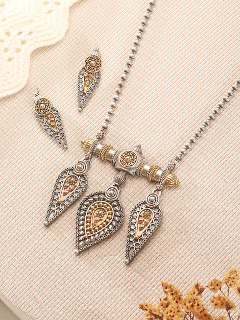 Oxidised Dual Toned Long Haram Leafy Statement Tribal Pendant Jewellery Set