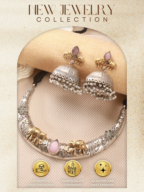 Oxidised Silver Plated Fusion Contemporary Elephant Motif Statement Hasli With Jhumka Jewellery Set
