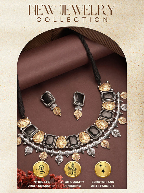 Oxidised Dual Toned Black Stone Studded Contemporary Tribal Lakshmiji Motif Choker Jewellery Set